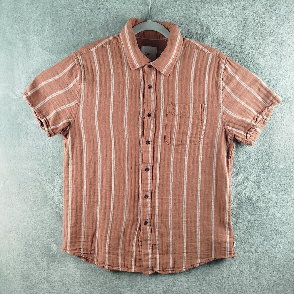 Katin Alan Linen Blend Button Up Shirt Striped Herringbone Men Large Huckberry